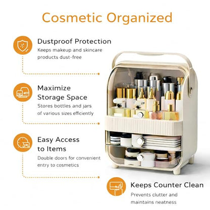 Large Cosmetic Organizer Box with Handle – Dustproof Makeup Storage Cabinet with Drawer