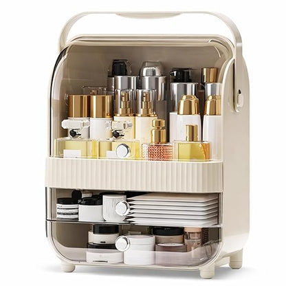 Large Cosmetic Organizer Box with Handle – Dustproof Makeup Storage Cabinet with Drawer